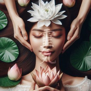 Une femme aux yeux fermés entourée de fleurs de lotus avec le symbole calligraphique du Reiki en surbrillance, pendant une formation Reiki à Lyon.