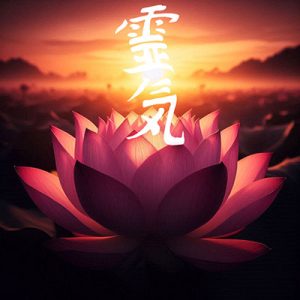Une grande fleur de lotus rose éclairée par un soleil couchant avec le symbole calligraphique blanc du Reiki, illustrant une formation Reiki à Lyon.