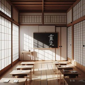 Une salle japonaise traditionnelle avec des tatamis, des cloisons shoji et le symbole calligraphique du Reiki sur un tableau, cadre d’une formation Reiki à Lyon.