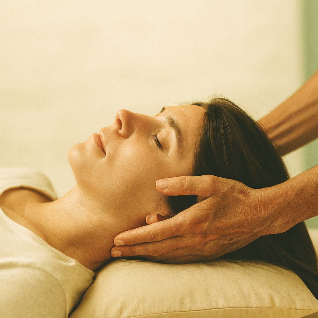 Une femme aux yeux fermés reçoit un massage des tempes par deux mains sur un oreiller.