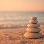Cinq galets lisses empilés en pyramide sur le sable à côté d'un petit coquillage rose.