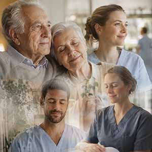Seniors souriants et soignants dans un établissement de santé recevant du Reiki